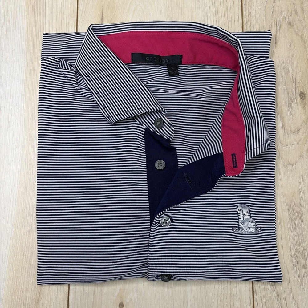 Greyson ARCOLA COUNTRY CLUB Polo Golf Shirt Mens Large Blue Stripe Performance